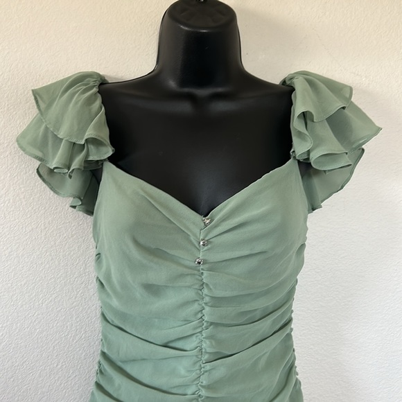 Zara Ruffled Ruched Flutter Off the Shoulder Mini Dress in Sage Light Green - Picture 6 of 15